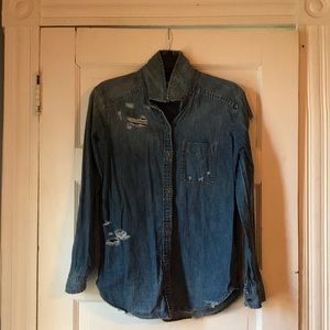 Long sleeve jean button up with distressed detailing